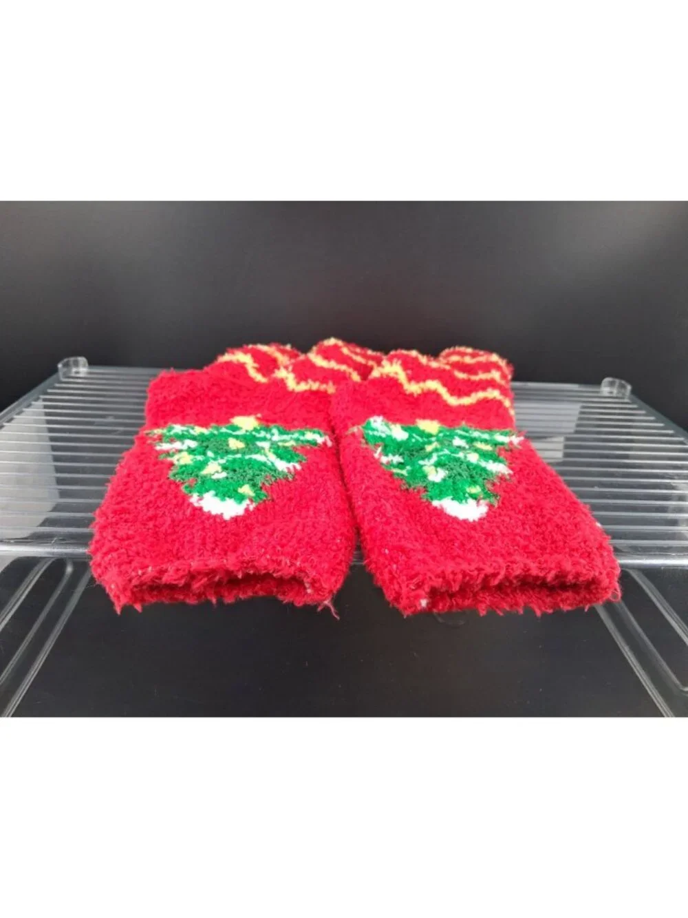 Red Holiday Fuzzy Socks With Christmas Tree Design
